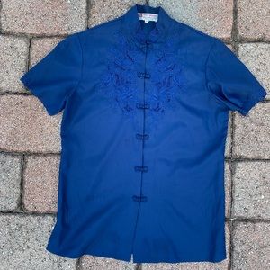Vintage Hand Embroidered Mandarin Collar Short Sleeve Dark Blue Button Down Top